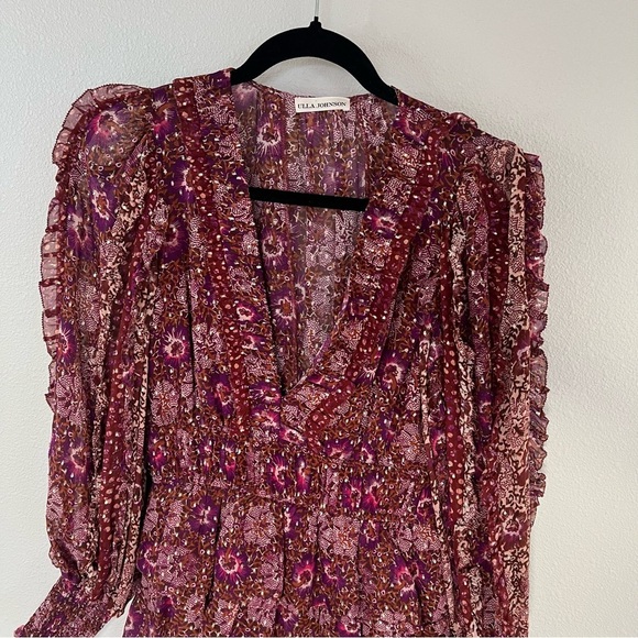 ULLA JOHNSON Brisa Printed Ruffle Mini Dress Claret Patchwork Silk Boho Women 2 - Picture 5 of 15
